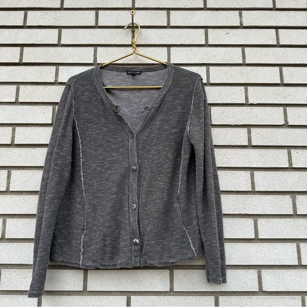 Eileen Fisher Gray Organic Linen Cotton Cardigan Button Up Exposed Seams M